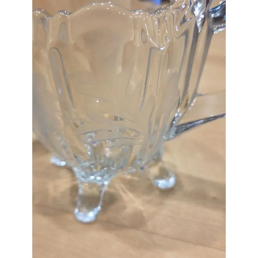 Vintage Clear Glass Etched Floral Creamer and Sugar Bowl Set Four Footed 2 Pcs